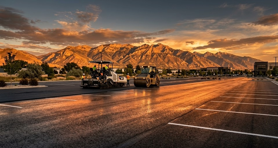 Fresh asphalt paving project with clean dark mat and professional equipment