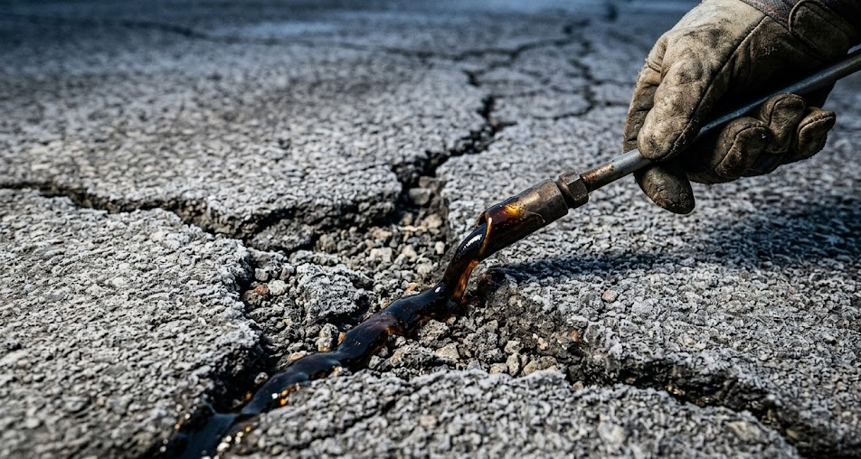 Mastic crack repair work being completed on damaged asphalt