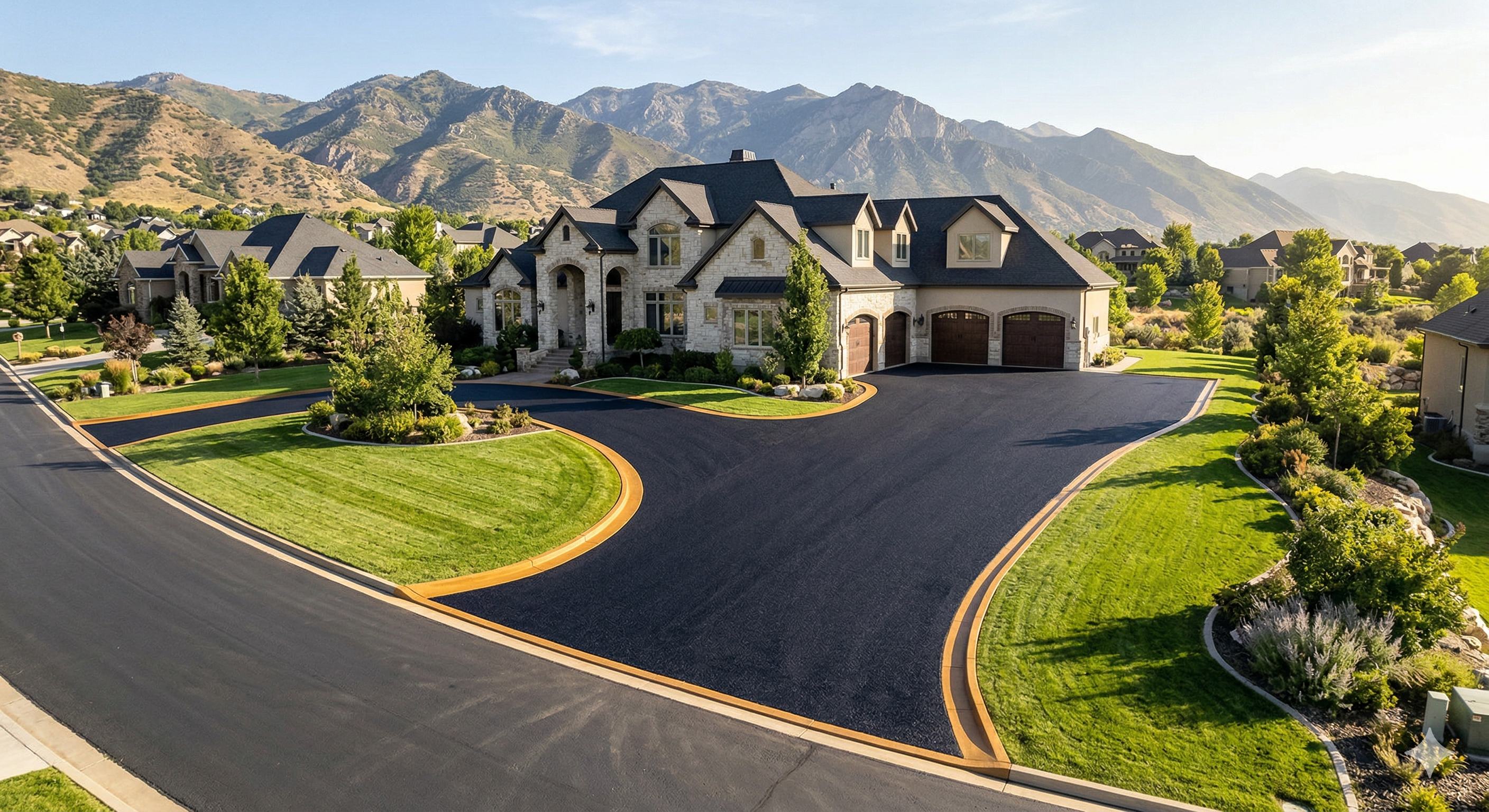 Freshly paved residential asphalt driveway with a clean new finish